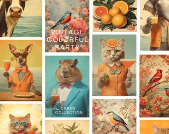 24 Vintage cards Wall art Prints | Printable Retro Cat, retro elephant poster | Exhibition Bundle | Citrus Poster, spring Digital Download