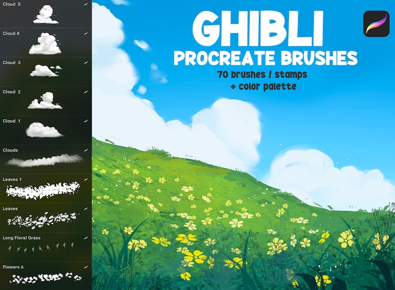 Anime Procreate Brushes, Ghibli, Makoto Shinkai, Grass, Clouds, Nature Brushes, Procreate Landscape, Procreate Brush, procreate stamp image 5