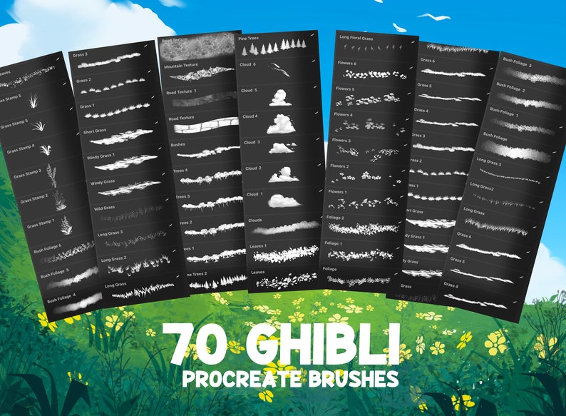 Anime Procreate Brushes, Ghibli, Makoto Shinkai, Grass, Clouds, Nature Brushes, Procreate Landscape, Procreate Brush, procreate stamp image 2