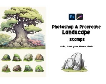 Landscape Procreate and Photoshop Stamp Brushes, Grass, Clouds, rock brushes Nature Brushes, Landscape Brush, procreate stamp