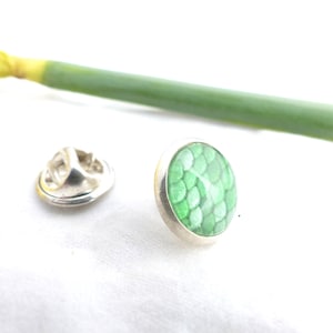 Könnte beinhalten: Eine grüne Emaille-Anstecknadel mit einem Schuppenmuster, mit einer silbernen Rückseite und einer Nadelverschluss.