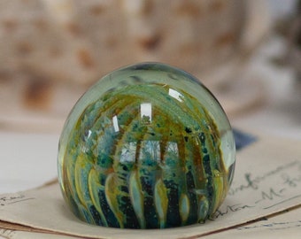 Round Glass Paperweight. Sea Urchin. Small. Ornament. Green Blue Yellow. Vintage Circa 1980s. 1990s