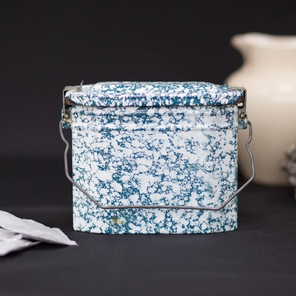 Blue & White Tea Caddy. Enameled Tin. Metal Canister. Handle. Clips Shut. Storage. Zero Waste. Reusable. Vintage Kitchen C1930-1950s