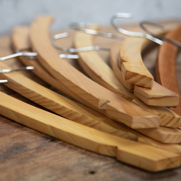 Nine Wooden Coat Hangers. Similar. Varnished Wood. Skirt. Shirt. Dress. Coat. Unisex. Vintage Circa 1970s. 1980s