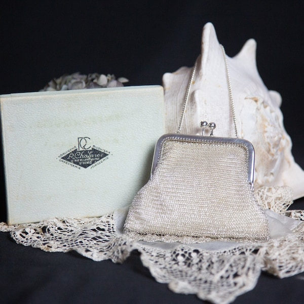 French Evening Bag. R. Chabrier. Top Handle. Metallic Thread. Box. Elegant. Party. Special Occasion. Silver Colour. Vintage 1940s. 1950s