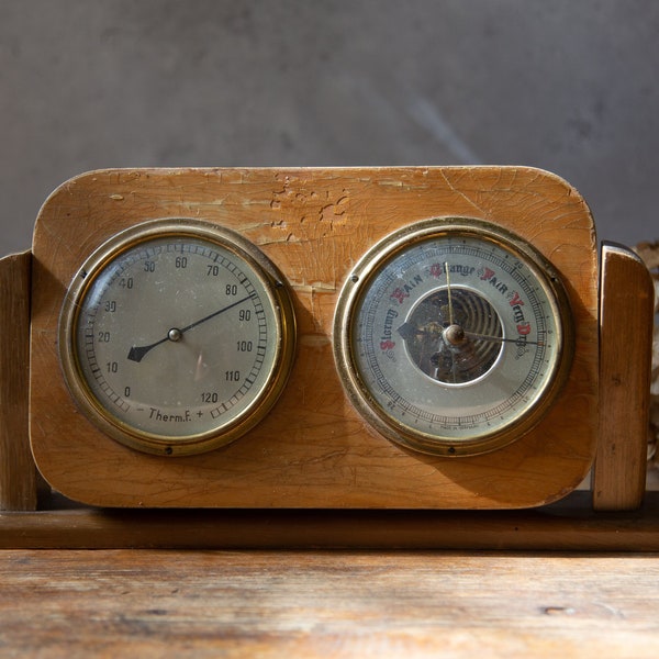 Aged Thermometer & Barometer. Weather Instrument. For Repair or Display. Tilts. Wooden. Pine Colour. Fahrenheit. Circa 1950s