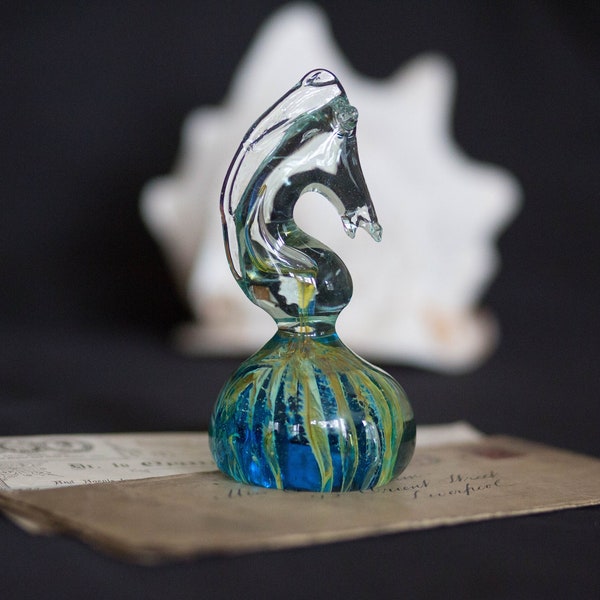 Mdina Glass Paperweight. Seahorse. Sea Horse. Tall. Heavy Ornament. Blue Yellow. Malta. Maltese. Vintage Circa 1980s. 1990s