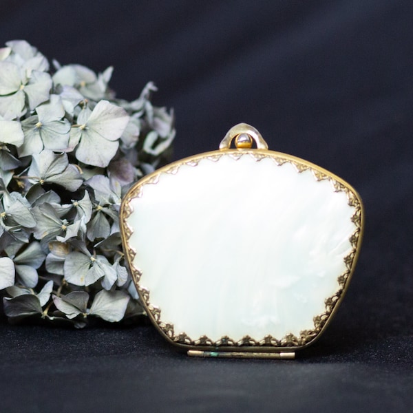 Mother of Pearl & Brass Compact. Purse Shape. White Gold. Mirror. Handbag Accessory. Dressing Table Item. Art Deco C1920s