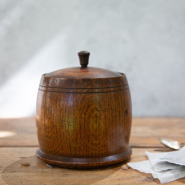 Aged Tea Caddy. Old Wooden Pot. Dark Wood. Oak Box. Metal Lined. Loose Tea Bags. Art Deco. Antique Vintage Circa 1930s. 1940s