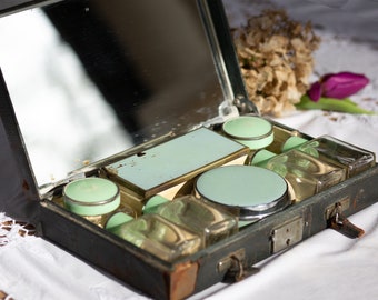 Aged Vintage Toiletry Set. Sirram. Ladies Vanity Set. Mirror. Leather Case. Glass Pots. Face Powder. 1940s