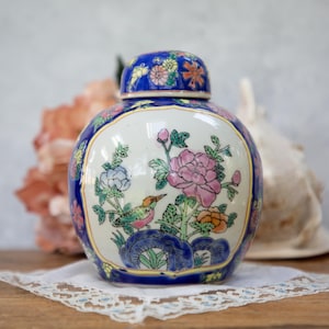 Hand Painted Ginger Jar. With Lid. Chinese. Blue Pink Orange Floral Pattern. Bird.  Vintage Decor C1960s. 1970s