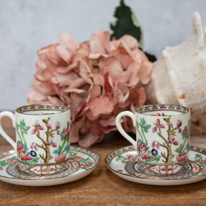Coalport Coffee Cup and Saucer. 4 Pieces. Pretty Orientalism Floral Pattern. Victorian Bone China. Antique Decor C1890