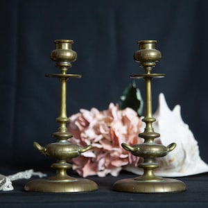 Arts & Crafts Brass Candle Sticks. Holders. 2. Pair. Unusual. Mantle. Shelf. Table Lighting. Victorian Antique Decor C1890-1900