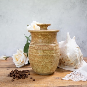 Stoneware Coffee Caddy. Instant. Beans. Ceramic Pot. Beige Brown Canister. Vintage Kitchen Storage Decor C1970s. 1980s