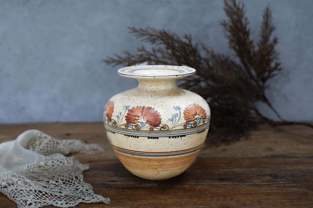 Vintage Studio Pottery Vase: 1970s Hand Painted Tan Blue Grecian Decor ...