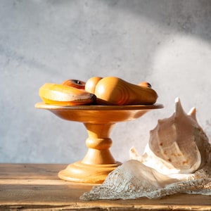 Wooden Fruit Bowl. Oak Stand. Wooden Pear Apple Grapes Banana Plum. Leather Stem. Everlasting. Vintage Decor C1970s