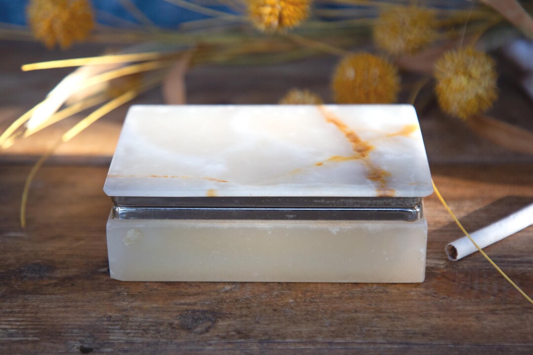 Beige Onyx Cigarette Holder Case: for Table; 1960s Vintage Tobacciana