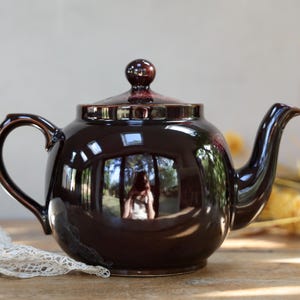 May include: A glossy, dark brown ceramic teapot with a rounded body, a curved handle, and a matching lid featuring a small knob handle. The surface of the teapot is highly reflective, showing a distorted reflection of the surrounding environment.