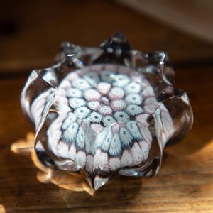 Millefiori Glass Paperweight. Ornament. Blue Pink. Round. Octagonal. Vintage Circa 1950s