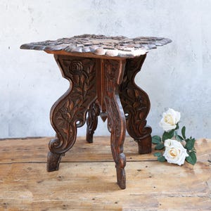 Carved Persian Sandalwood  Indian Side Table: Collapsible, 1800s Antique Decor