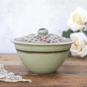 May include: A ceramic bowl with a lid. The bowl is light green with two brown stripes. The lid has a pattern of small, reddish-brown dots and a small, round knob. The bowl is likely for serving food.