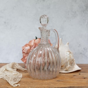 Antique Glass Decanter. Wine. Spirit. Water Jug. Flattened Globe Shape. Stopper. Spout. Victorian Edwardian Decor C1900s - 1920s