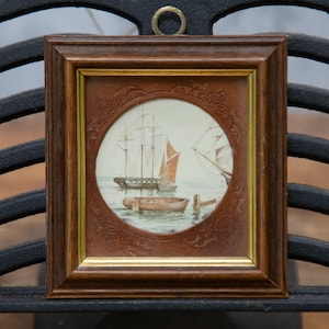 Antique Miniature Watercolour. Original. Nautical Theme. Glazed. Brown & Gold Wood Frame. Late Victorian C1890s