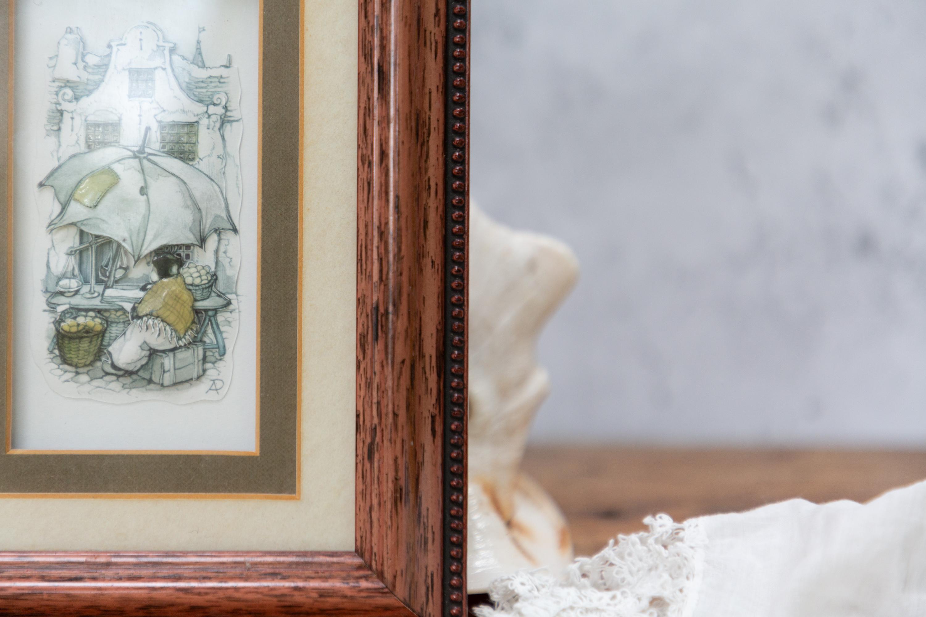 Anton Pieck Market Day Decoupage Art, 3D Peach Brown Frame