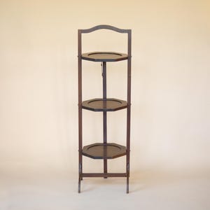 Edwardian Dark Wood Cake Stand. Folding. Collapsible. Mahogany. Shaw of London. 3 Levels. Sandwich. Antique Kitchen Decor C1900-1930