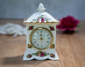 Vintage Royal Albert Old Country Roses Mantle Clock 1962 Ceramic Pink Green Bone China Mid Century Perfect Condition
