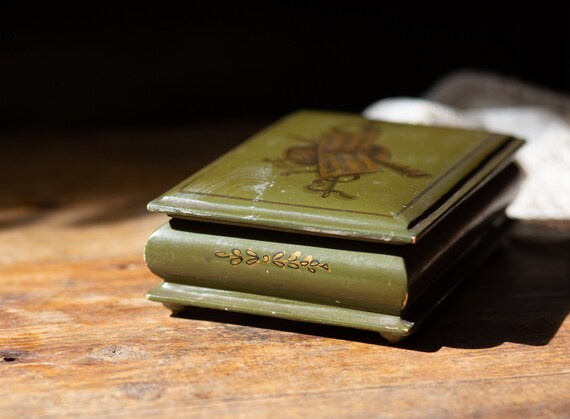 Italian Wooden Box. Lidded. Green Gold Musical No… - image 5