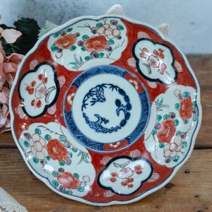 Antique Japanese Imari Plate. Hand Painted. Orange Blue Floral Pattern. Victorian Orientalist Decor 1800s. 2 Available