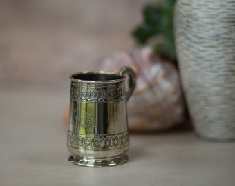 Small Antique Mug. Reggie from Grandma. 18th October 1897. Victorian. Silver Plated. Charming Ornament. Cup. Religious. Christening. 1800s