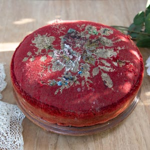 Aged Victorian Wooden Stool. Round. Oak Wood. Red Floral Tapestry. Beaded. Solid. Foot Stool. Antique 1800s