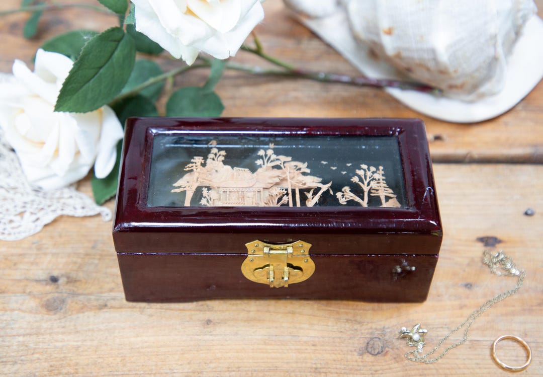 Vintage Chinese Cork Art Jewelry Box: Red Silk Lining, 1960s Decor