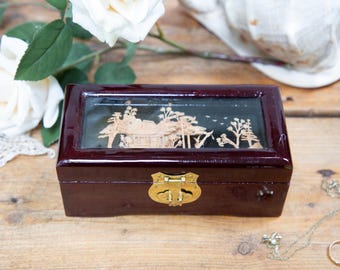 Vintage Chinese Cork Art Jewelry Box: Red Silk Lining, 1960s Decor