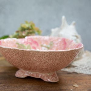 Art Deco Crown Ducal Dish. Raised Floral Pattern. Pink Green. Scalloped Edge. Footed. Antique Decor C1915 - 1930