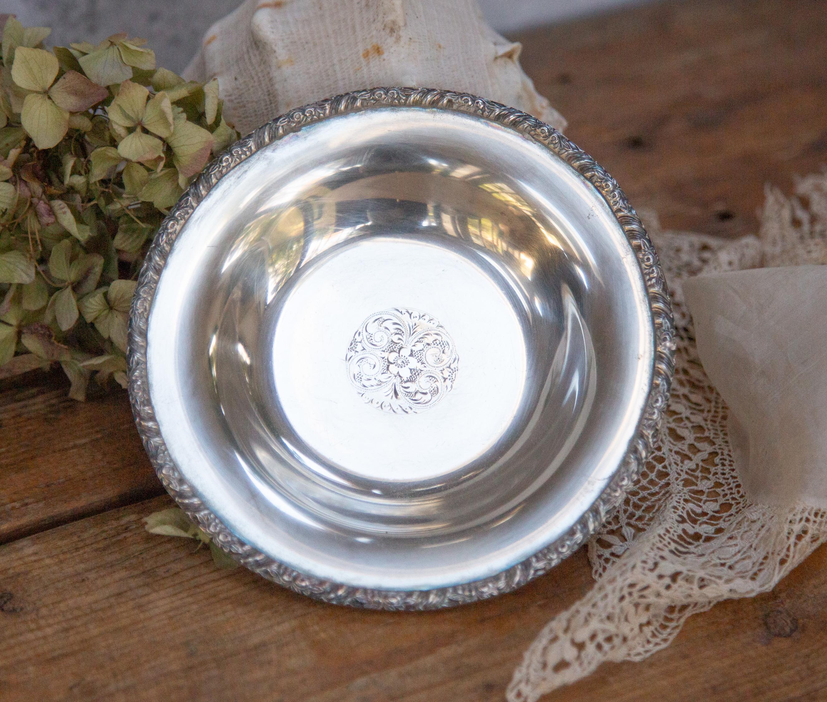 Silver Plated Copper Dish. Engraved Ornate. Snack Nut Crisp Bowl. Dips. Partyware. Vintage C1940s 1950s.