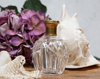 Art Deco Glass Scent Bottle: Brass Collar & Enamel Lid, C1920s Antique Decor