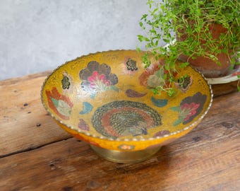 Enamelled Brass Dish. Yellow Pink Green Black Bowl. Exotic Birds. Warm Tone. Fruit Storage Bowl. Pretty Vintage Kitchen Decor C1950s. 1960s.