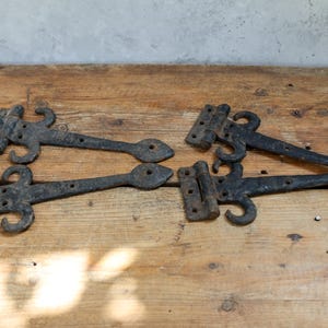 2 x Sets 9inch Black Cast Iron Gate Hinges; Vintage Decor C1960s