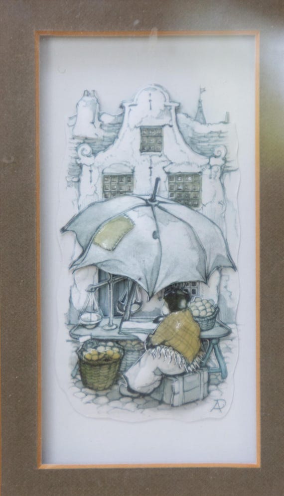 Anton Pieck Market Day Decoupage Art, 3D Peach Brown Frame