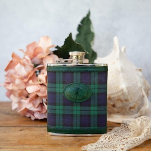 Tartan Hip Flask. Leather and Fabric. Green Blue. Screw Top & Arm. Stainless Steel. Outdoor Event. Races. 6oz. Vintage C1980s