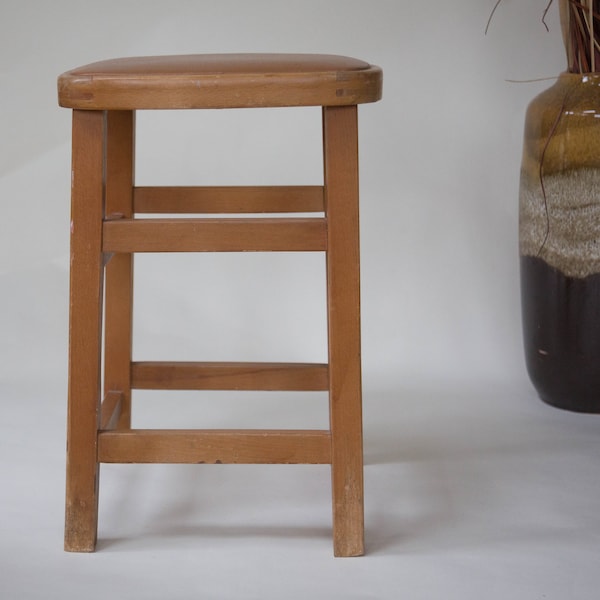 Tall Kitchen Stool. Under Counter. Tan Wood. Cushion Pad. Space Saver. Mid Century. Vintage 1950s 1960s