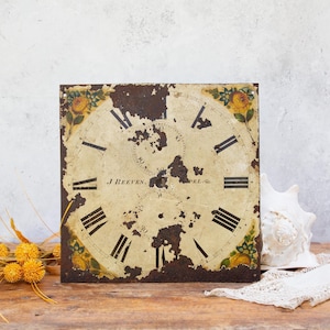 Antique Clock Face. Enamel Painted Metal. Grandfather. J Reeves. Cream Orange. Black Numerals. No Hands. Not Working. Victorian Decor C1800s