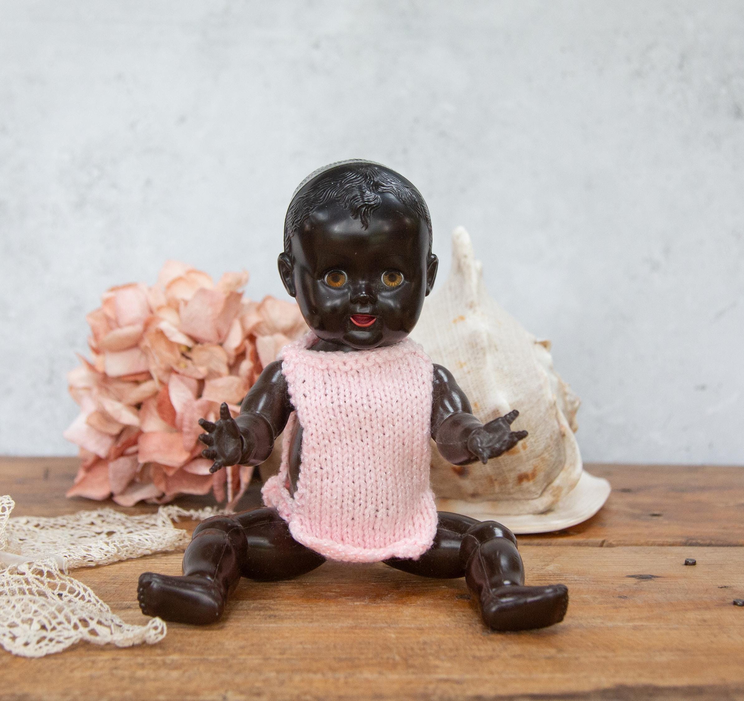 Black Agrespoly Doll. D208. Hand Knitted Clothes. Orange