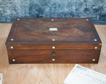Antique Victorian Writing Slope: Mother of Pearl Inlay, Lock & Key