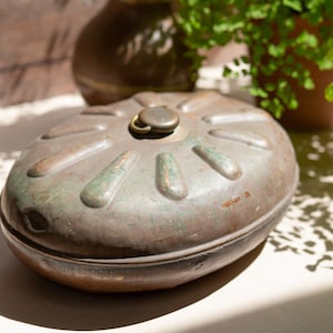 French Copper Hot Water Bottle. Bed Warmer. Warm Tone. Aged. Patinated. Verdigris. Antique Ornament. Mid 19th Century. 1800s. Vintage Decor