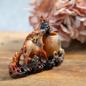 Antique Chinese Soapstone. Hand Carved Bud Vase. Ornament. Deer. Orange Black. Victorian Decor C1900s