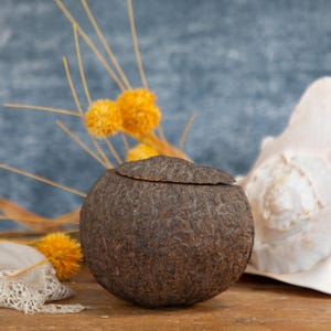 May include: A spherical, dark brown container with a lid, possibly a decorative box or jar. The container is textured and sits on a wooden surface, with a large white seashell and yellow floral accents in the background.